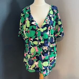 Gap Tropical Print Green Pink Navy V-Neck Short Sleeve Oversized Flowy Blouse